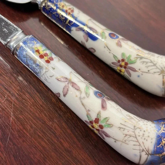 Cobalt blue Enamel Floral Charcuterie Fork & Spatula‎ Sheffield England - Picture 3 of 9